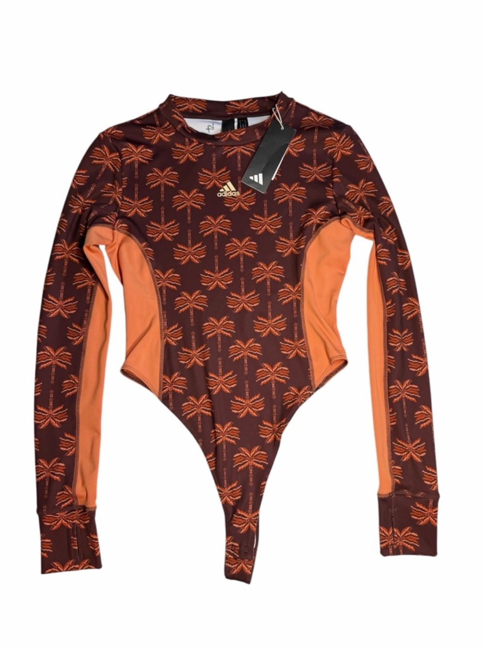 adidas x Farm Rio Brown and Orange Bodysuit with Geometric Palm Motif - Size S